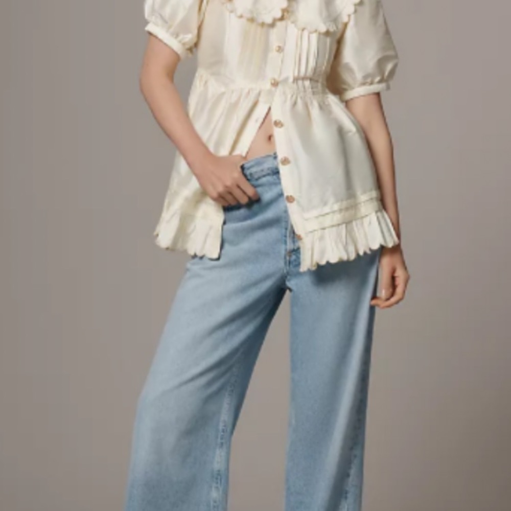 🆕 NWT Anthropologie | Mauve Cream Scalloped-Collar Puff Sleeve Babydoll Top XS - Picture 3 of 15
